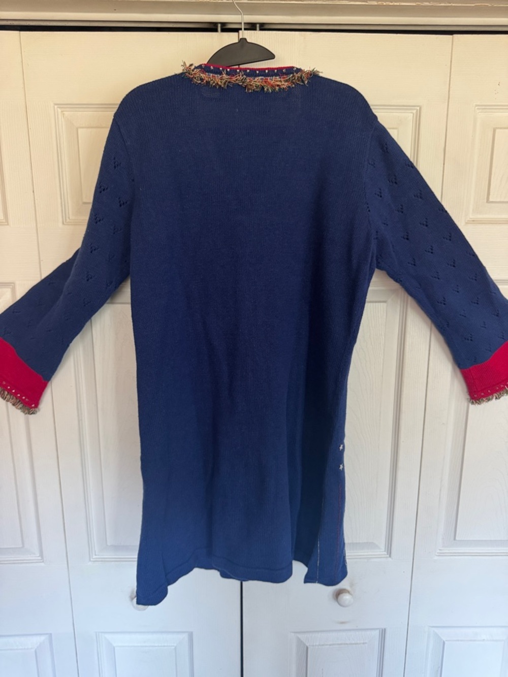 Storybook Knits Navy Blue Cardigan with Red Trim patriotic metallic stars - Picture 9 of 10